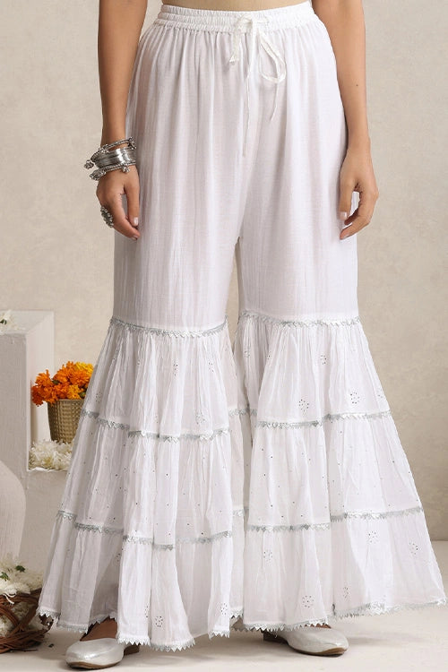 Shwet Hand Embroidered Chikankari Cotton Mukaish Embellished White & Magenta Kurta, Garara & Dupatta Set