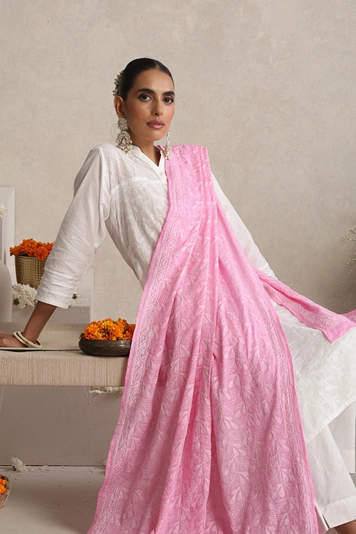 Shwet "Pestal Hues" Pink Chikankari Cotton  Dupatta