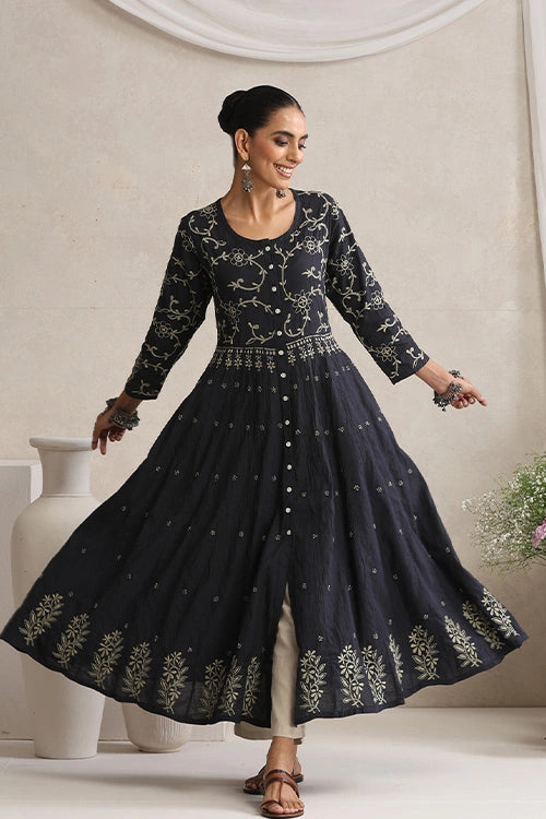 Shwet Hand Embroidered Chikankari Cotton Black Kali Kurta
