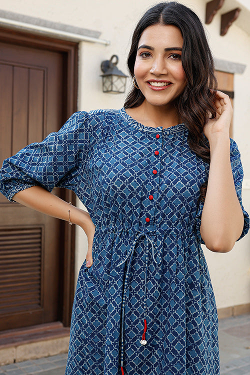 Dharan "June Dress   " Indigo Block Printed Dress