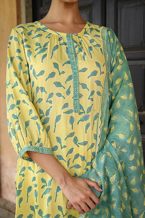 Dharan Bloosom Yellow Handblock Printed Cotton Kurta For Women Online