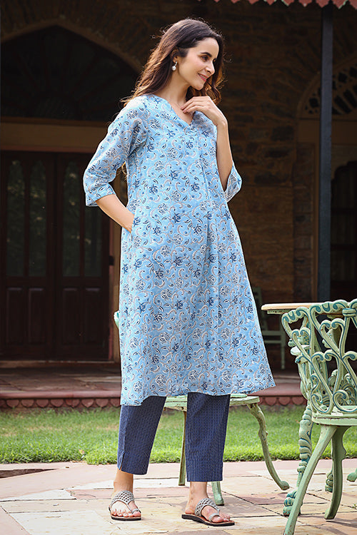 Dharan "Swril Tunic" Blue Block Printed Tunic