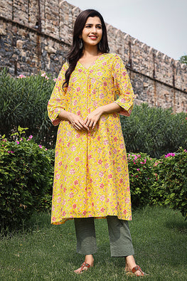 Dharan Swril Yellow Block Printed Tunic Kurta For Women Online
