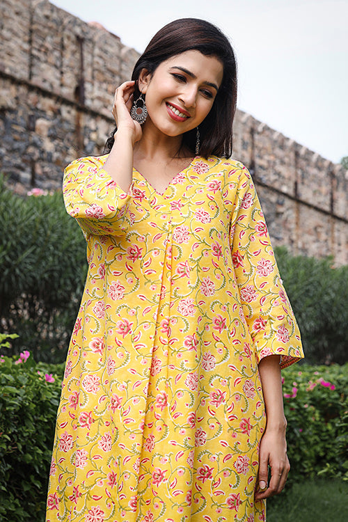 Dharan Swril Yellow Block Printed Tunic Kurta For Women Online