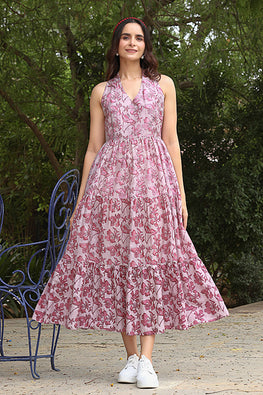 Dharan "Gulmohar Dress" Blush Pink Block Printed Dress