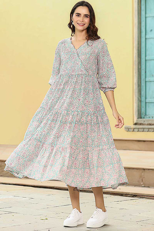 Dharan "Daisy Dress" Blue Block Printed Dress