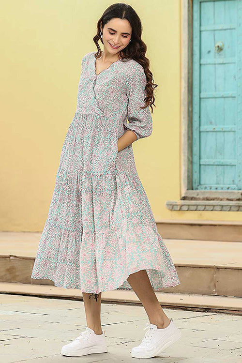 Dharan "Daisy Dress" Blue Block Printed Dress