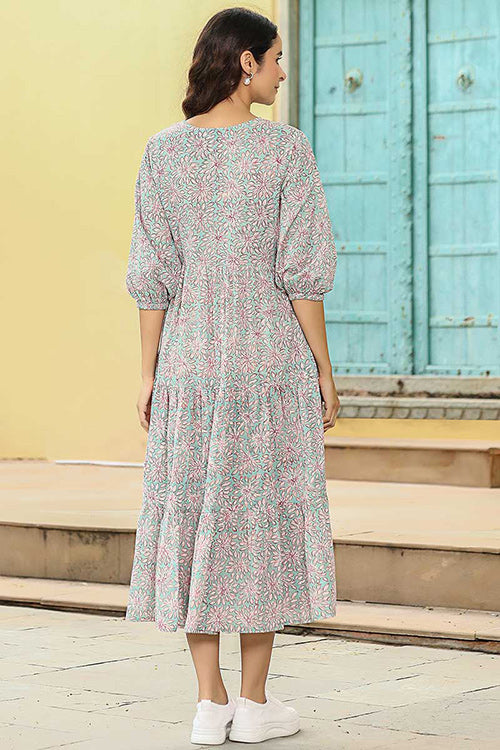 Dharan "Daisy Dress" Blue Block Printed Dress