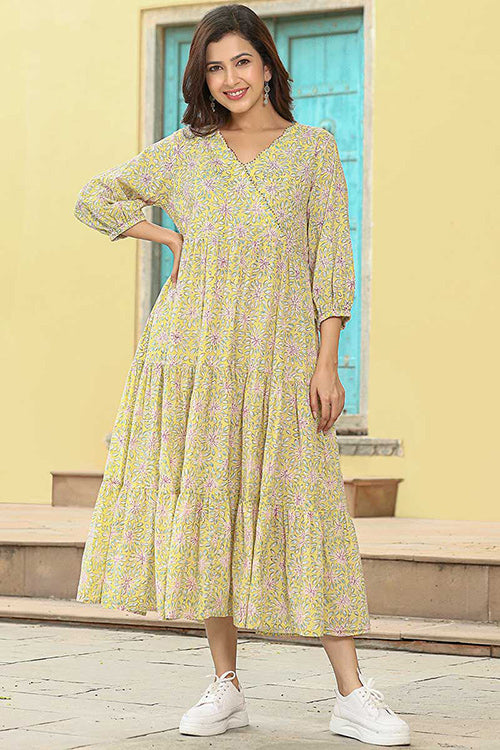 Dharan "Daisy Dress" Yellow Block Printed Dress