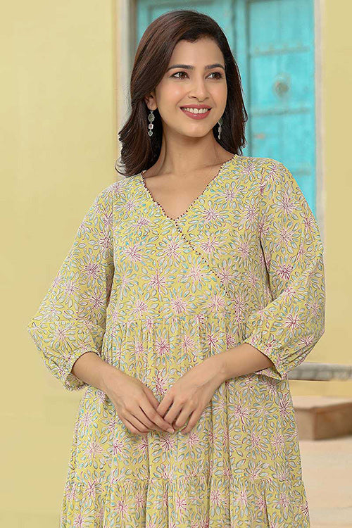 Dharan "Daisy Dress" Yellow Block Printed Dress