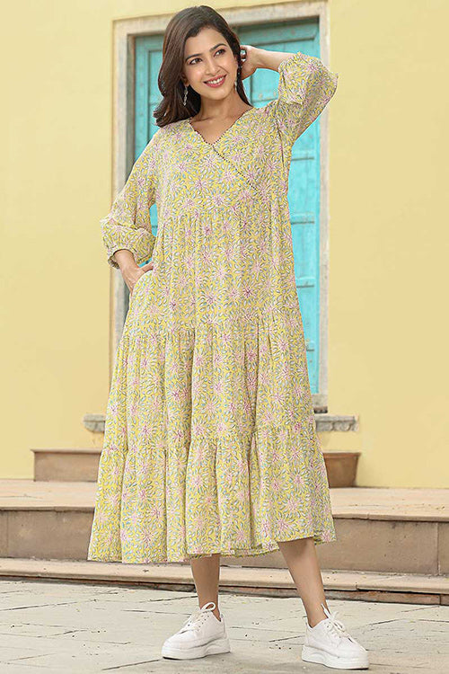 Dharan "Daisy Dress" Yellow Block Printed Dress