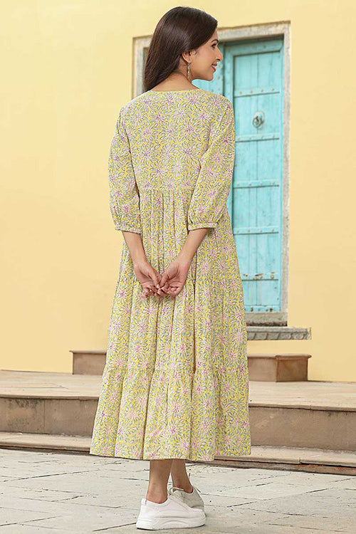 Dharan "Daisy Dress" Yellow Block Printed Dress