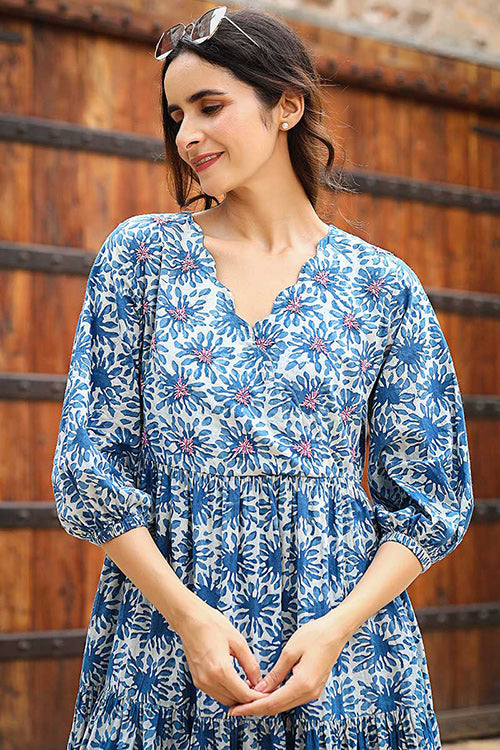 Dharan "Daisy Dress" Indigo Block Printed Dress