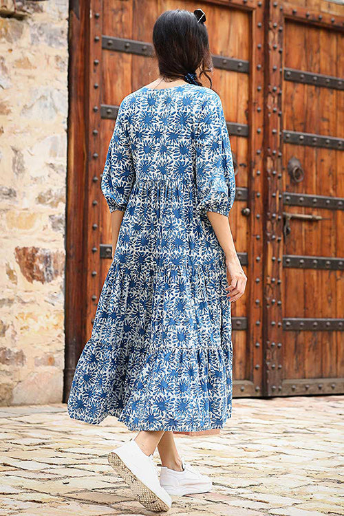 Dharan "Daisy Dress" Indigo Block Printed Dress