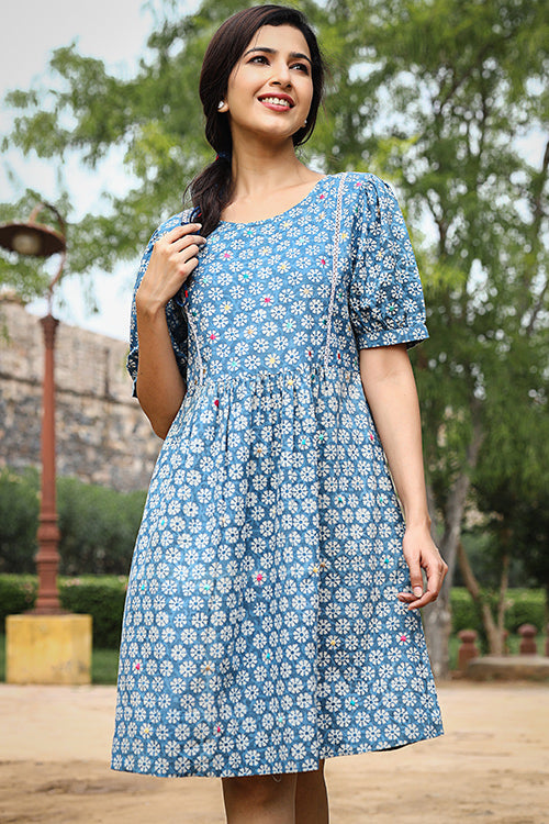 Dharan "Firki Dress" Indigo Block Printed Dress