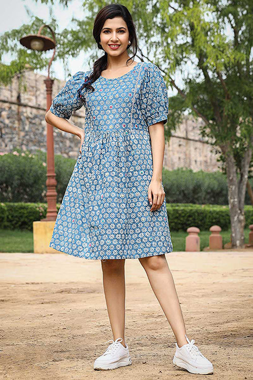 Dharan "Firki Dress" Indigo Block Printed Dress