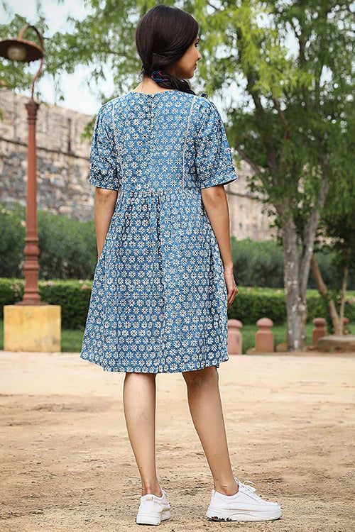 Dharan "Firki Dress" Indigo Block Printed Dress