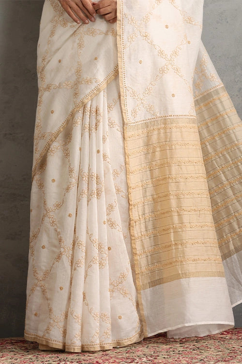 Shwet Women Hand Embroidered Chikankari Off-White Chanderi Saree