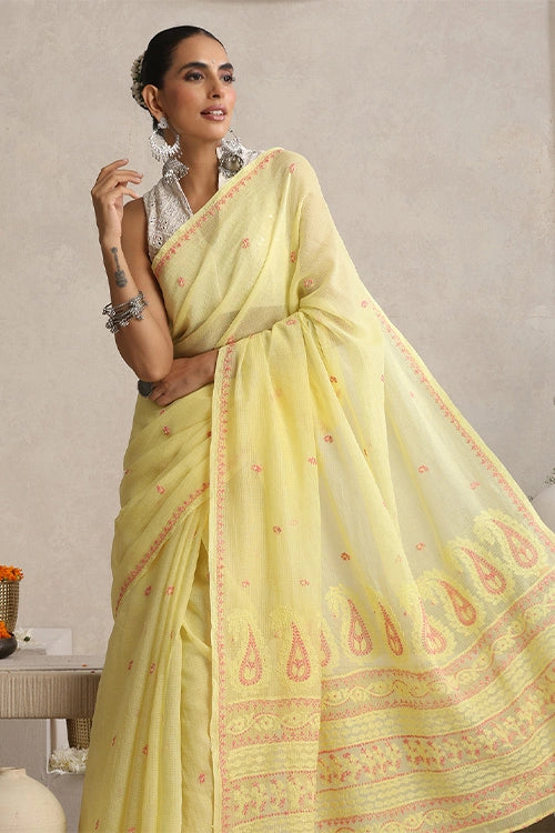 Shwet "Pastle Hues" Yellow Chikankari Kota Cotton Silk Saree 