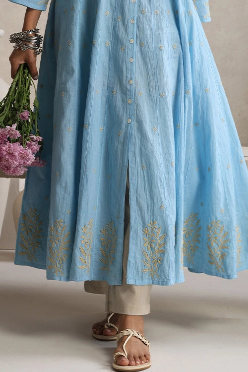 Shwet Hand Embroidered Chikankari Blue Cotton Kali Kurta