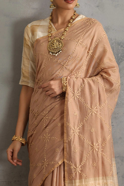 Shwet Women Hand Embroidered Chikankari Beige Chanderi Saree