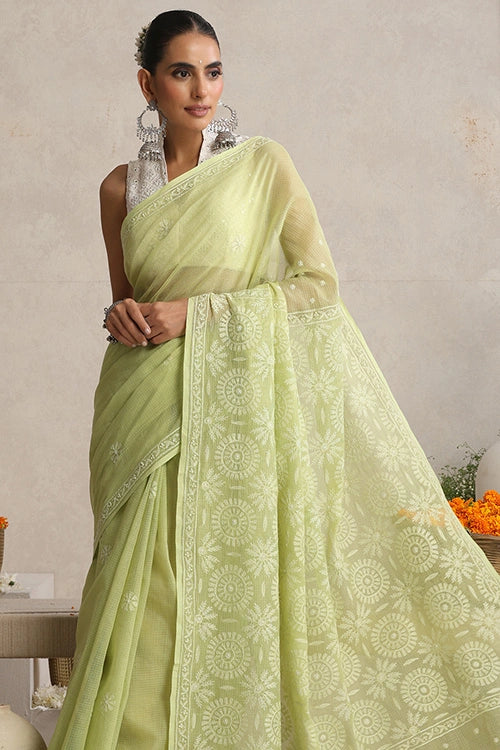 Shwet Women Hand Embroidered Light Green Kota Cotton Silk Chikankari Saree