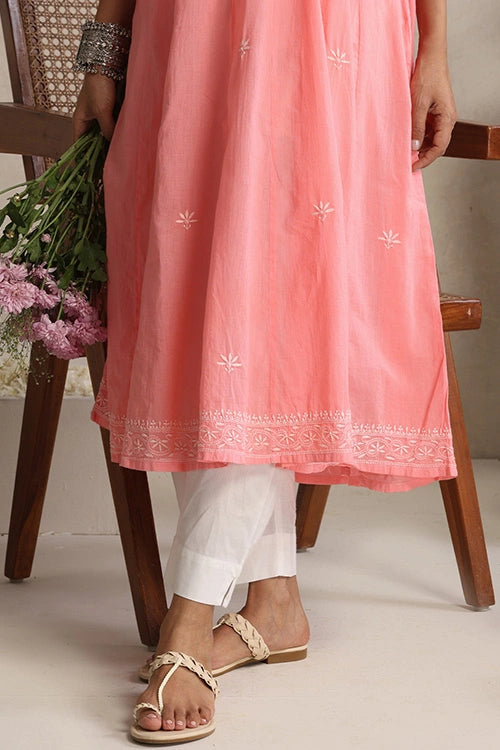 Shwet Hand Embroidered Chikankari Cotton Pink Pintex Kali Kurta