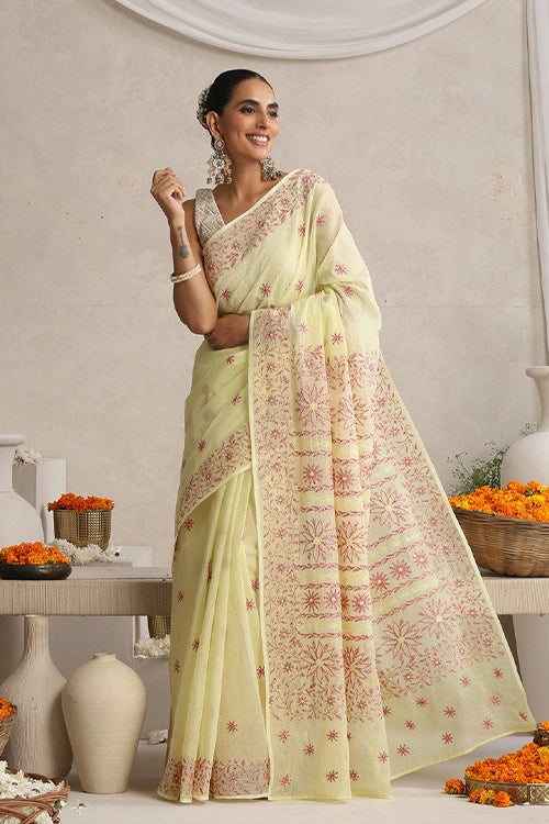 Shwet "Pastel Hues"  Yellow  Chikankari Kota Cotton Silk Saree