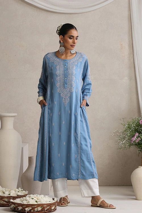 Shwet Hand Embroidered Chikankari Blue Modal Satin Kurta
