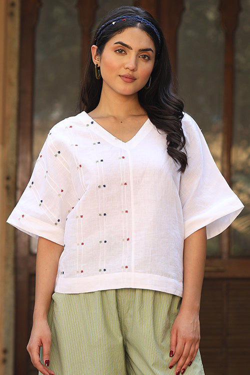 Dharan Cotton Linen White Boho Top