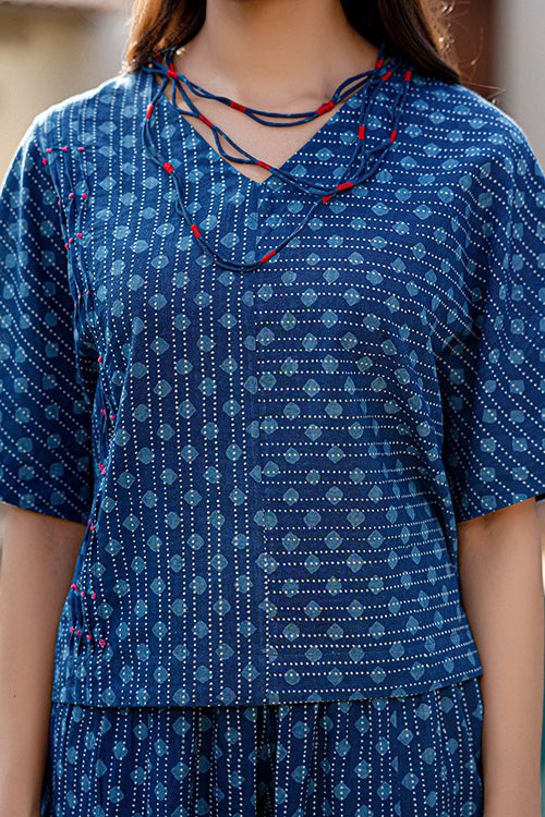 Dharan "Daisy Top" Indigo Block Printed Top