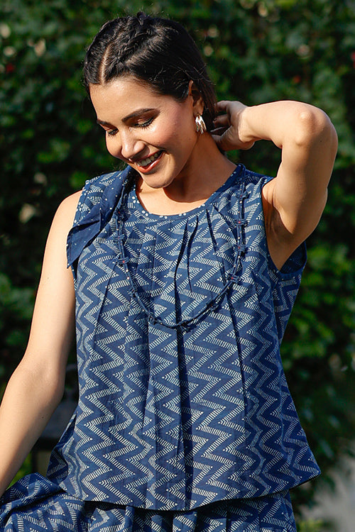 Dharan "Nova Top" Indigo Block Printed Top