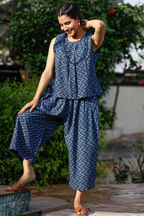 Dharan "Nova Top" Indigo Block Printed Top