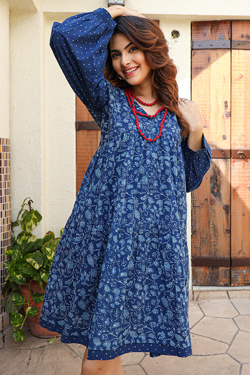 Dharan "Jiya Dress " Indigo Block Printed Dress