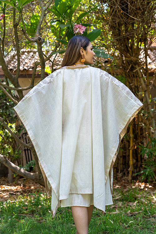 Moralfibre Golden Peacock Muslin Shrug With Old Gold Borders