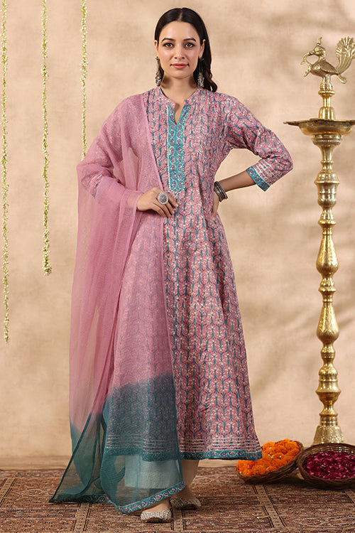 Shuddhi Purple And Teal Green Piece Kurta And Duppatta Set