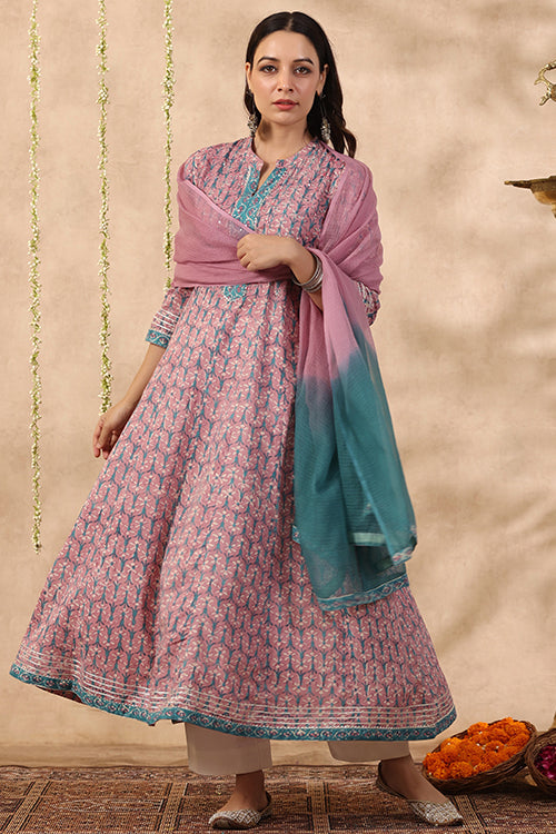 Shuddhi Purple And Teal Green Piece Kurta And Duppatta Set