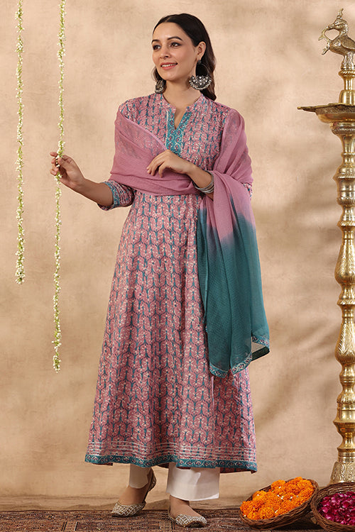 Shuddhi Purple And Teal Green Piece Kurta And Duppatta Set