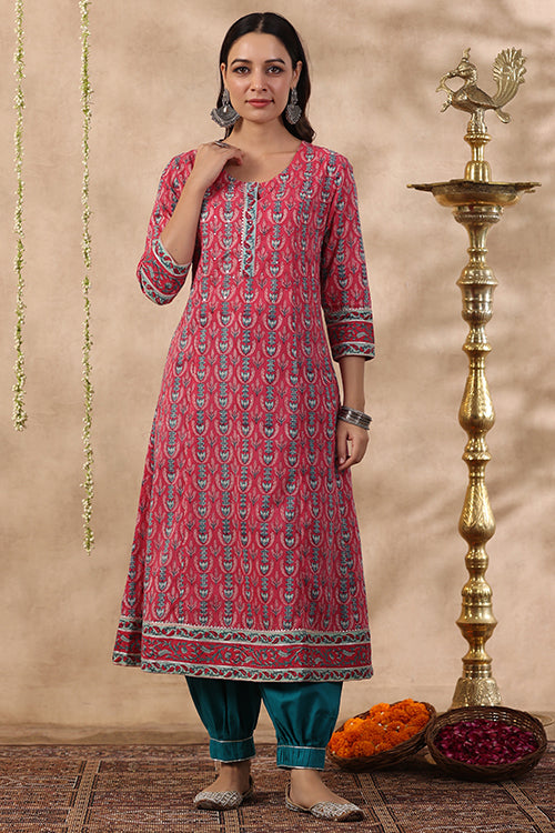 Shuddhi Pink And Teal Green Kurta And Duppata Set