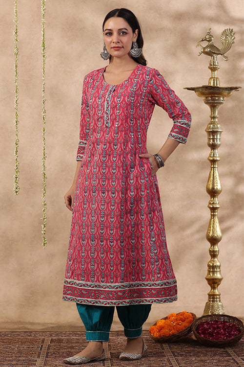 Shuddhi Pink And Teal Green Kurta And Duppata Set