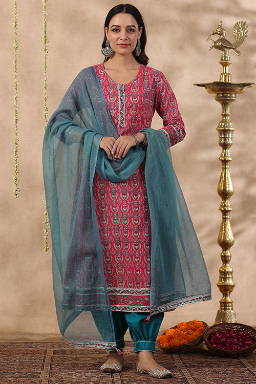 Shuddhi Pink And Teal Green Kurta And Duppata Set