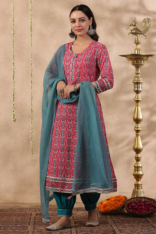 Shuddhi Pink And Teal Green Kurta And Duppata Set