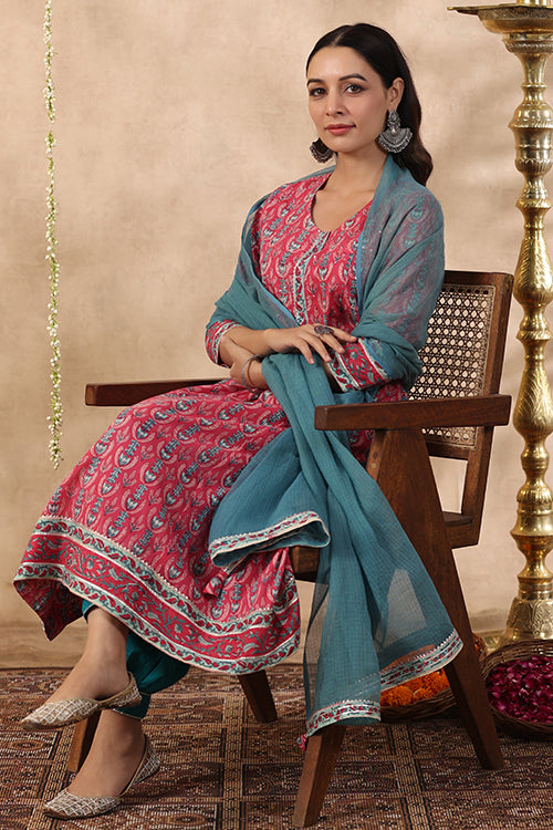 Shuddhi Pink And Teal Green Kurta And Duppata Set