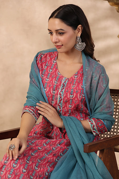 Shuddhi Pink And Teal Green Kurta And Duppata Set