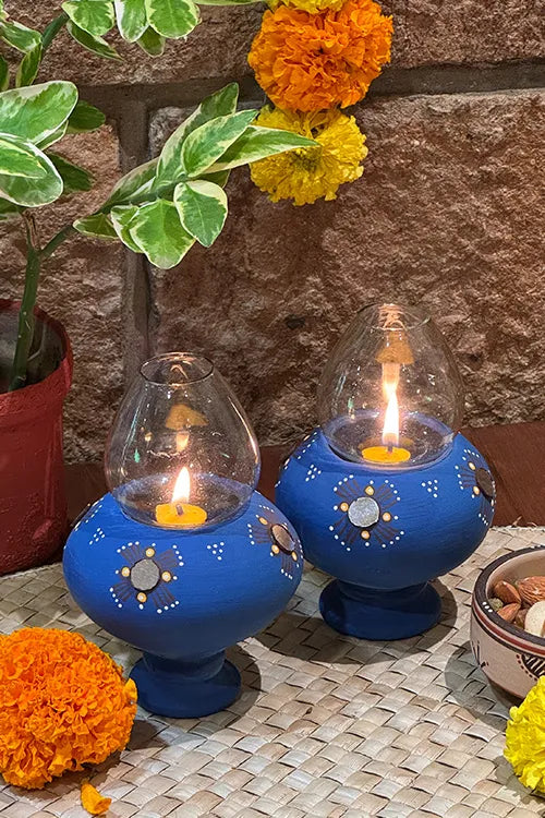 Antarang- Traditional Oil Lamps- Akhand Diyas- Blue(Set Of 2)