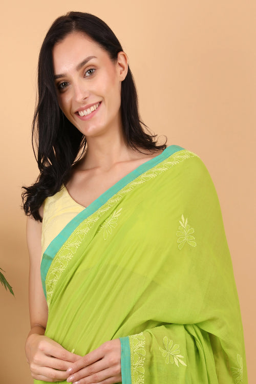 Shwet Women Parrot Green Hand Embroidered Chikankari Mulmul Saree