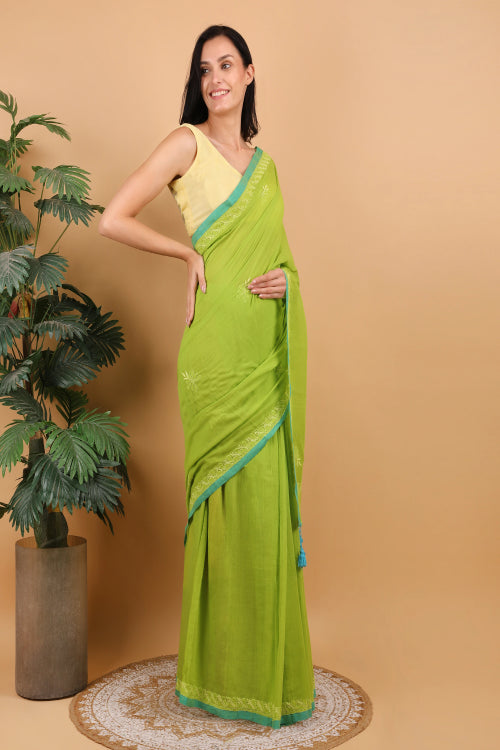Shwet Women Parrot Green Hand Embroidered Chikankari Mulmul Saree