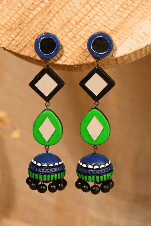 Mridah Handcrafted 'Ghumar' Mirror Work Terracotta Long Jhumka Earrings