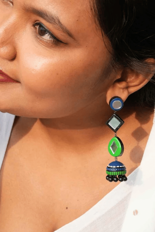 Mridah Handcrafted 'Ghumar' Mirror Work Terracotta Long Jhumka Earrings