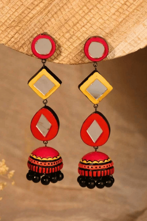 Mridah 'Ghumar' Mirror Work Terracotta Long Jhumka Earrings